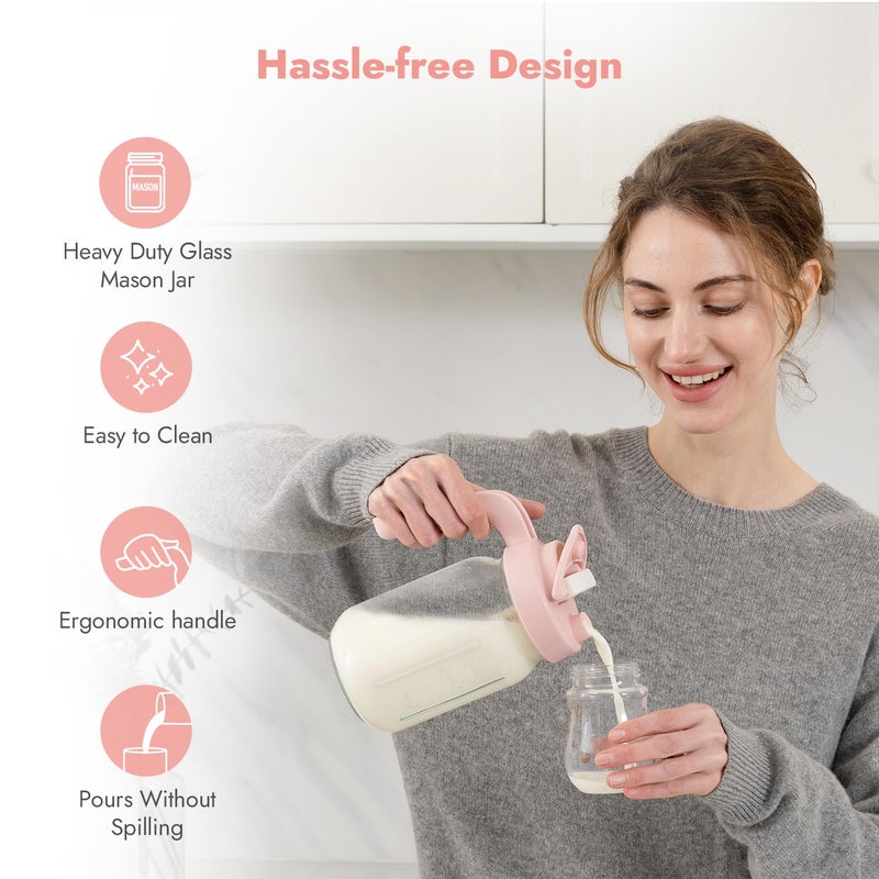 Papablic Glass Breastmilk Pitcher, Fast Baby Formula Maker with Mixing Handle Lid, Wide Mouth Mason Jar Breast Milk Storage Container with Flip-Lock Spout, BPA-Free, Pink. - Image 2
